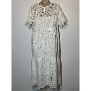 Midi Dress White Eyelet Lace Tiered Large Romantic Coastal Cottagecore